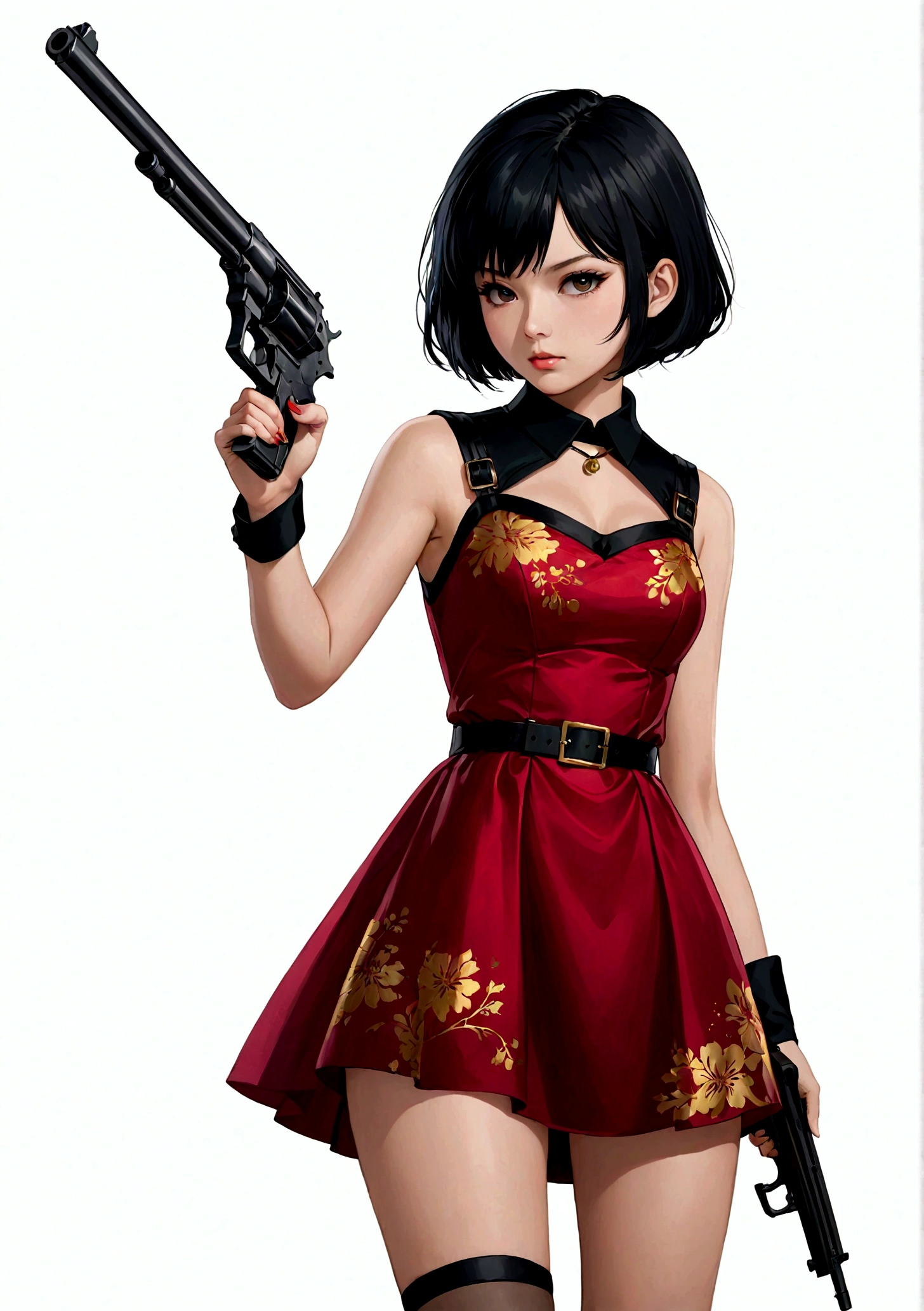 一个穿着红色dress的女人, 手里拿着gun, White background, Black Hair, Black collar, dress, Finger on the trigger, gun, short hair, solo, Cold expression, Sharp eyes, Elegant posture, High quality