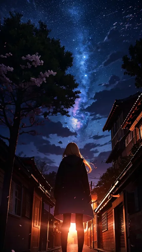 １people々々々,blonde long hair，long coat，silhouette， rear view，space sky, milky way, anime style, cherry blossoms，夜cherry blossoms，...