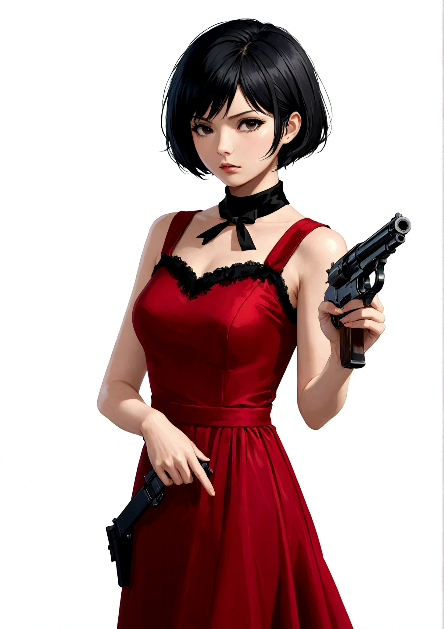 一个穿着红色dress的女人, 手里拿着gun, White background, Black Hair, Black collar, dress, Finger on the trigger, gun, short hair, solo, Cold expression, Sharp eyes, Elegant posture, High quality