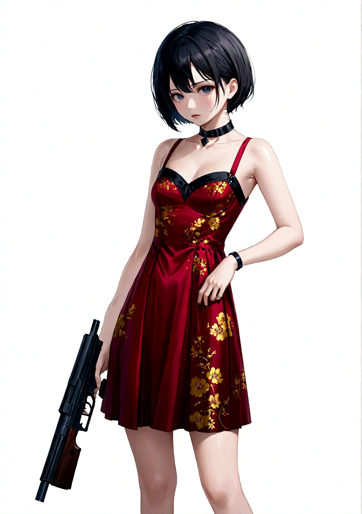 一个穿着红色dress的女人, 手里拿着gun, White background, Black Hair, Black collar, dress, Finger on the trigger, gun, short hair, solo, Cold expression, Sharp eyes, Elegant posture, High quality