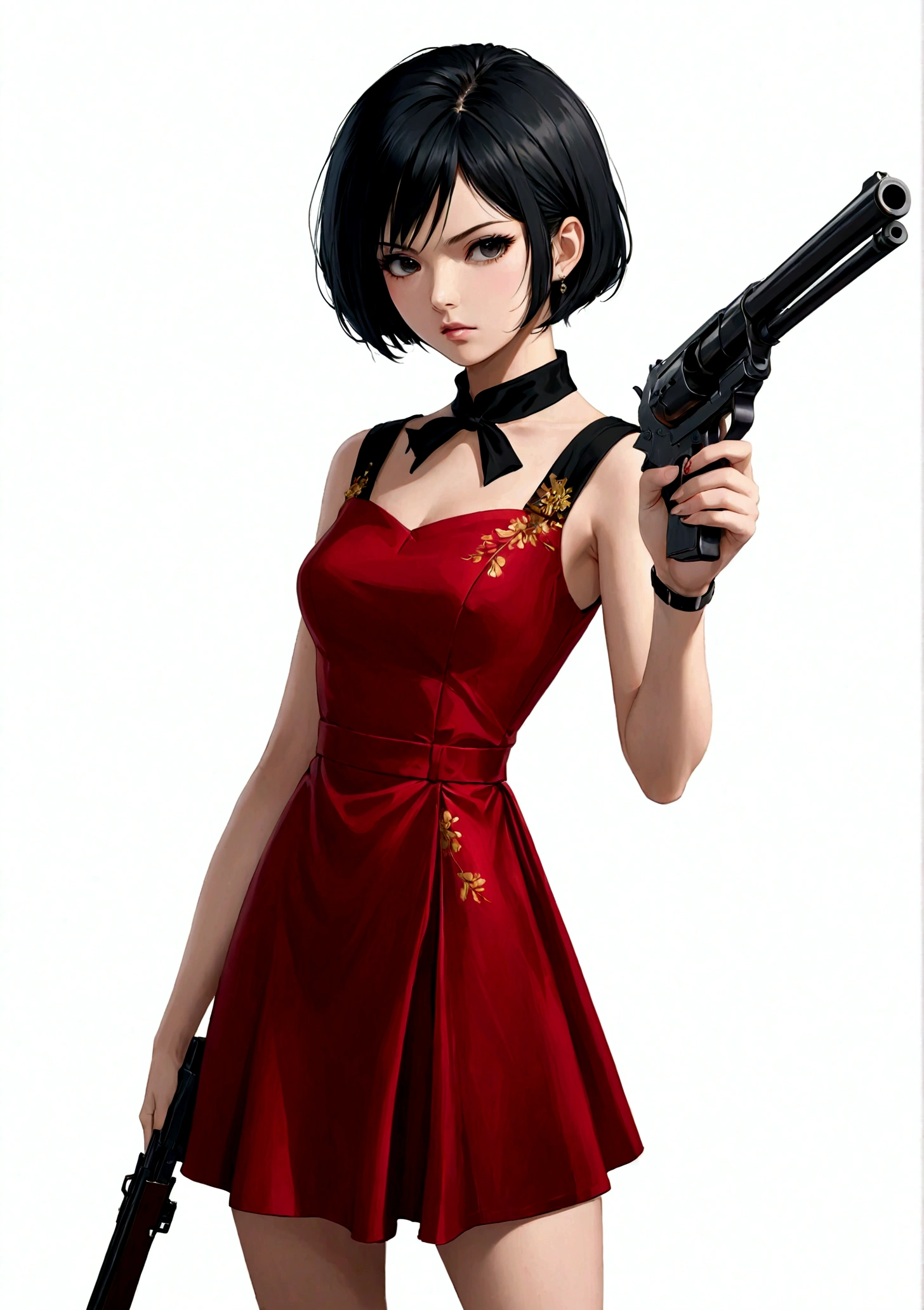 一个穿着红色dress的女人, 手里拿着gun, White background, Black Hair, Black collar, dress, Finger on the trigger, gun, short hair, solo, Cold expression, Sharp eyes, Elegant posture, High quality