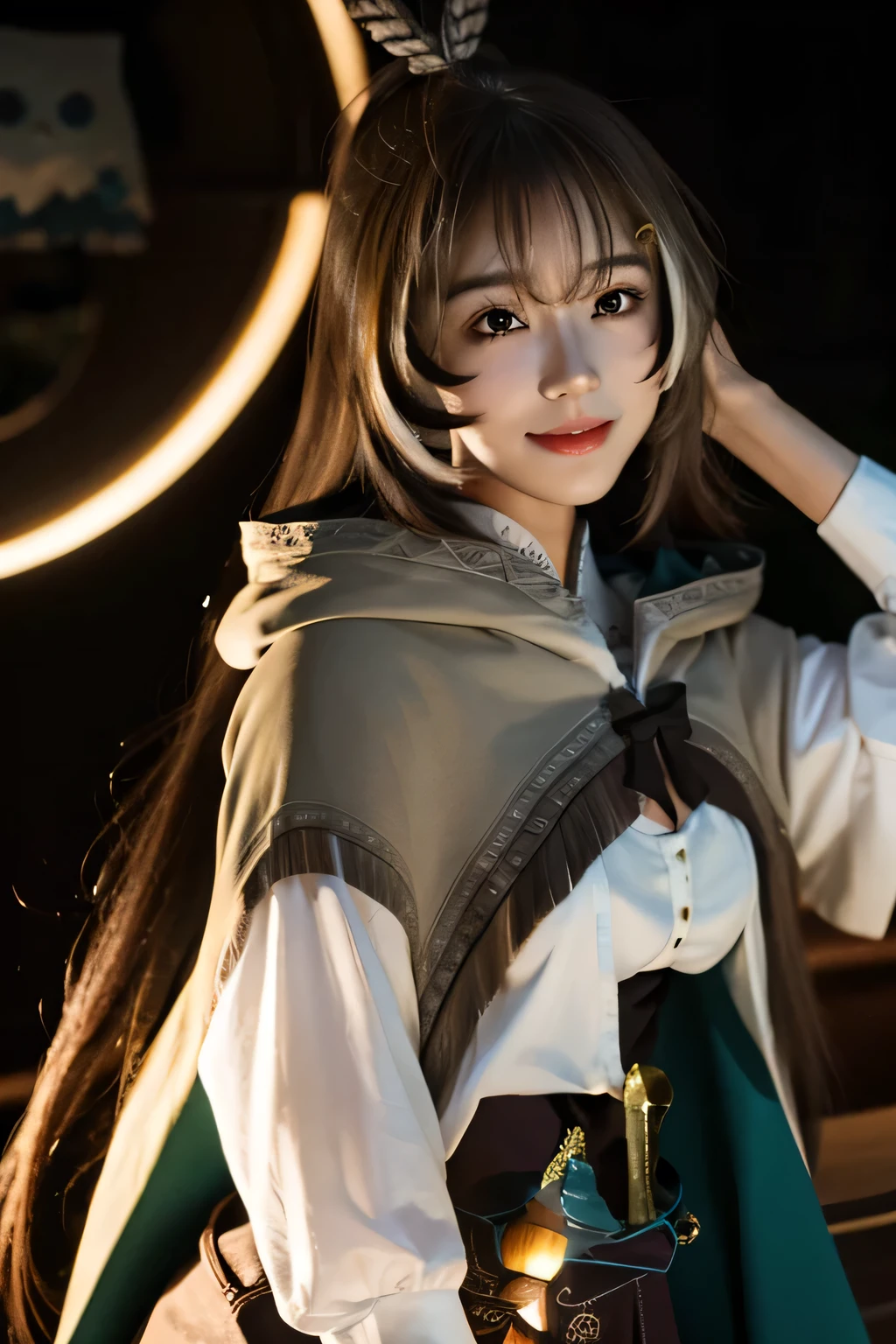 Realistic, a young Asian girl, cute face, sexy face, looking at viewers, smiling, dagger, cape, lantern, yellow eyes, long hair, very long hair