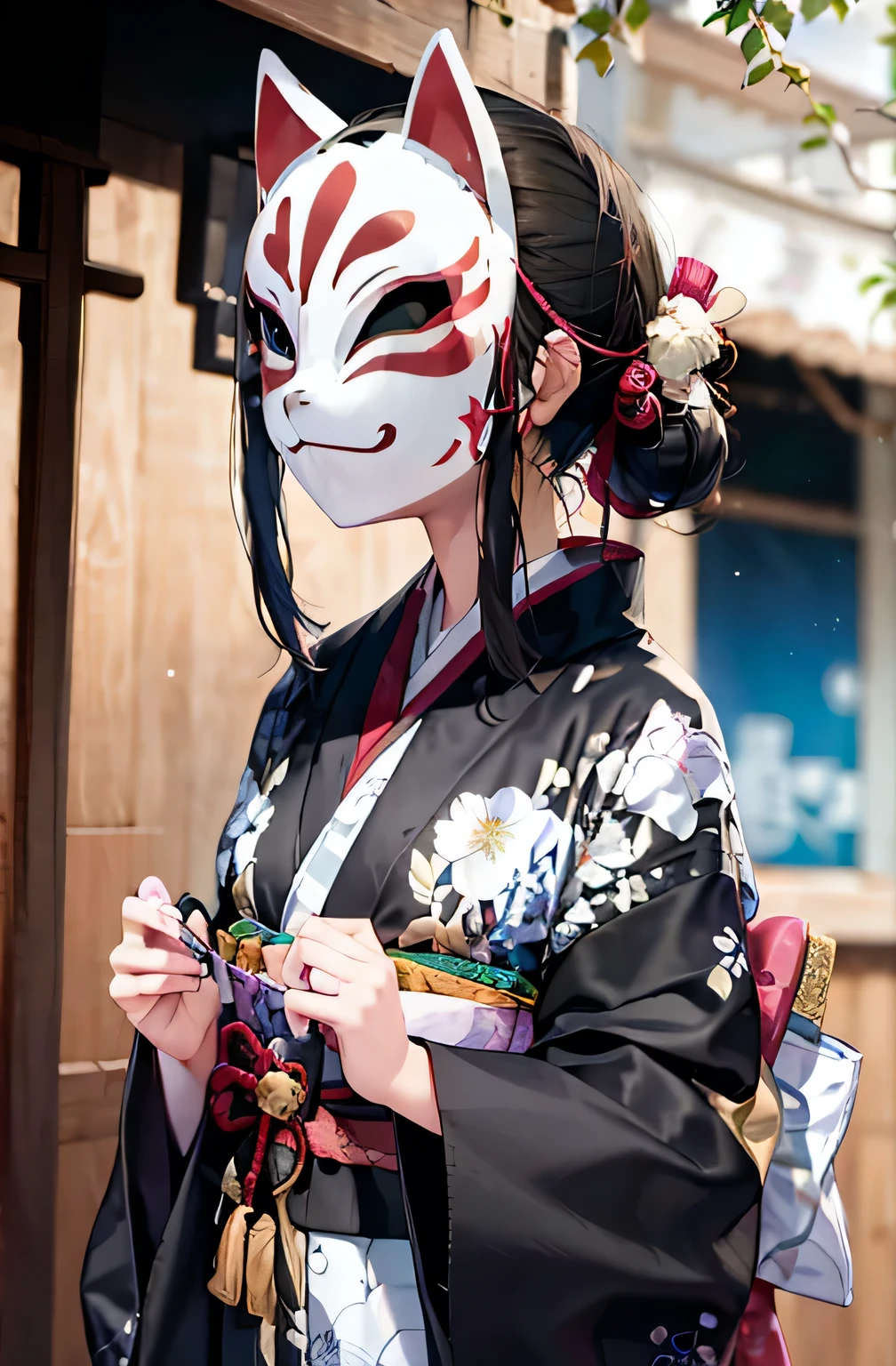 ((A yaokai mask is worn on the face.)), kitsune, 1 woman, ((8K)), ((high resolution))