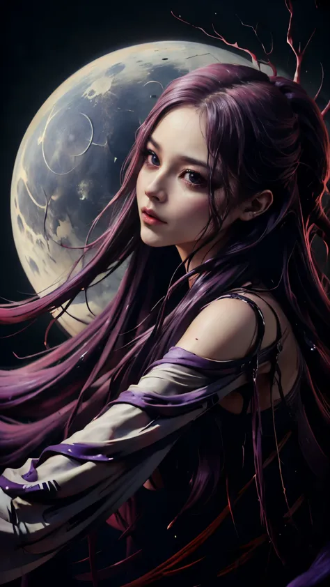 background（Black Night Sky，Big Moon），Close-up of a woman，Wearing a white shirt、Purple Hair，Very long hair，very thick braids，Purp...