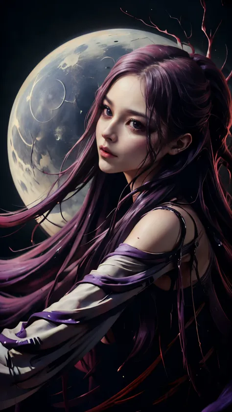 background（black night sky，big moon），close-up of a woman，wearing a white shirt、purple hair，very long hair，very thick braids，purp...