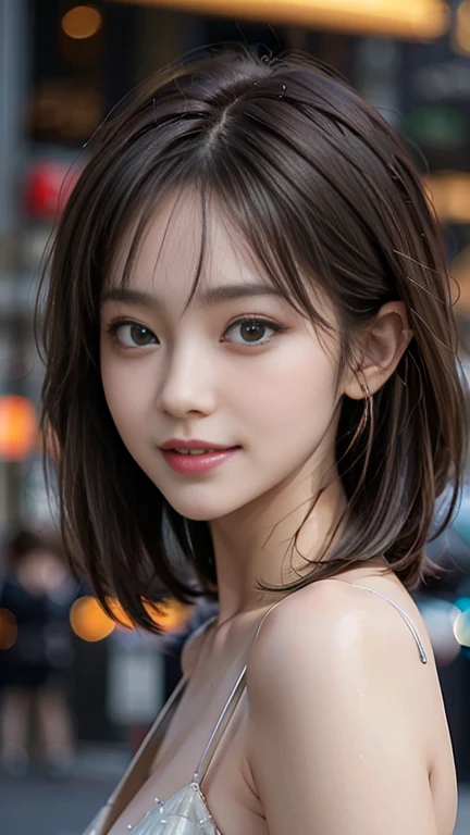 One Japanese idol, (RAW Photos, highest quality), (Realistic, Photorealistic:1.4), Tabletop, Very delicate and beautiful, Very detailed, 8k wallpaper, wonderful, In detail, Very detailedなCG Unity, High resolution, Soft Light, beautiful detailed 25 years old, Very detailedな目と顔, Beautifully detailed nose, Beautiful fine details,Cinema Lighting,City lights at night,thin,smile, (Medium Hair, My hair is messy, Asymmetrical bangs, Light brown hair)