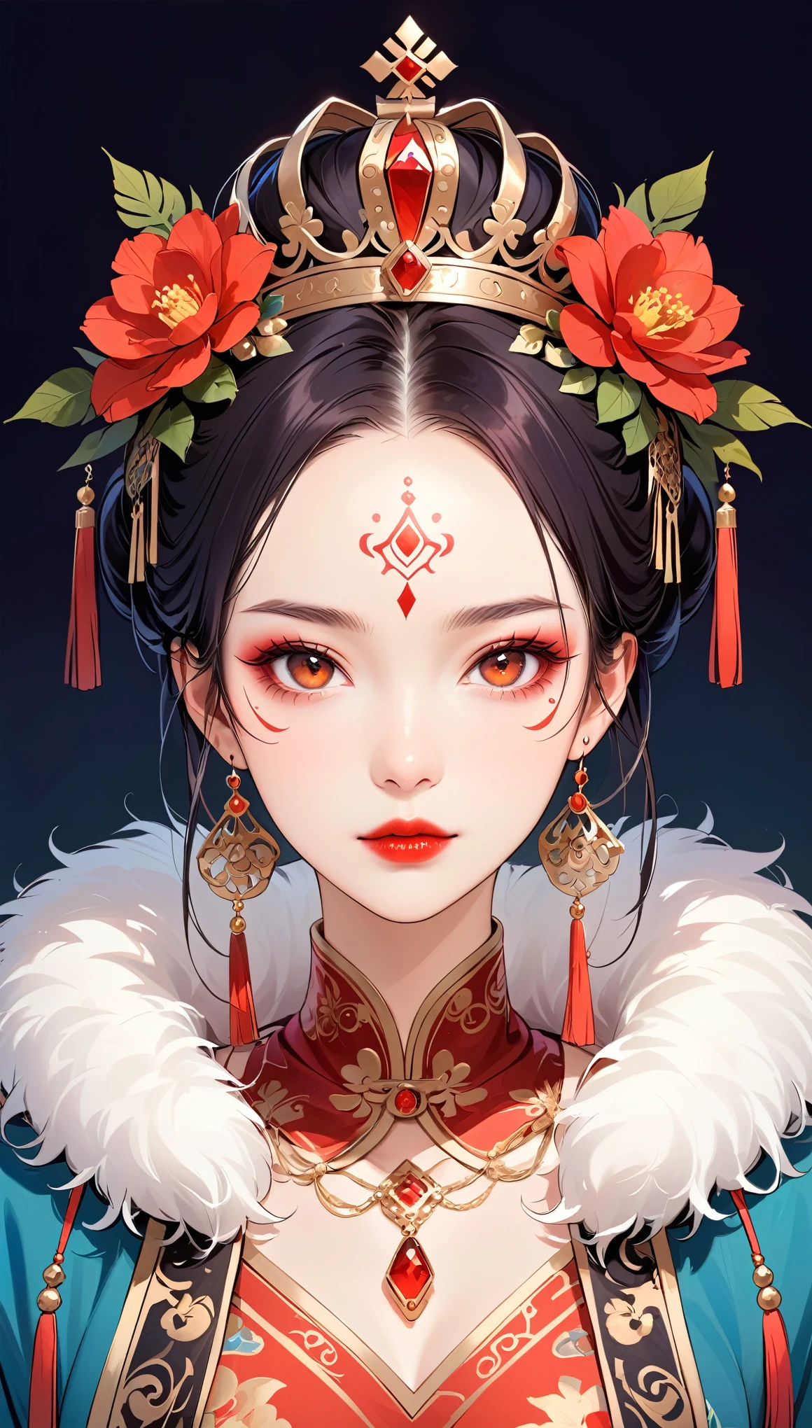1girl, solo, looking_at_viewer, black_hair, hair_ornament, long_sleeves, jewelry, closed_mouth, upper_body, flower, earrings, artist_name, necklace, fur_trim, makeup, facial_mark, chinese_clothes, crown, lipstick, red_flower, gem, tassel, beads, forehead_mark, headdress, red_lips, straight-on, red_gemstone