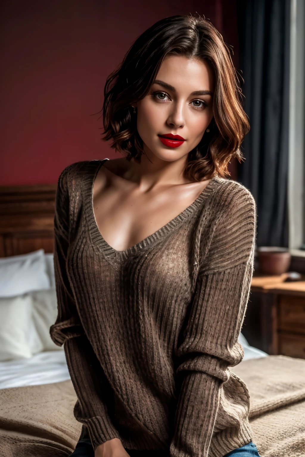 Tabletop, highest quality, Realistic, Very detailed, finely, High resolution, 8k wallpaper, RAW Photos, Professional photography, Written boundary depth, One Woman, 28 years old, Bedroom, (Red lips), ((Looking into the camera)), Upper Body, short hair, Bob Hair, (Straight hair), Shapely small breasts, (V-neck see-through knit sweater)