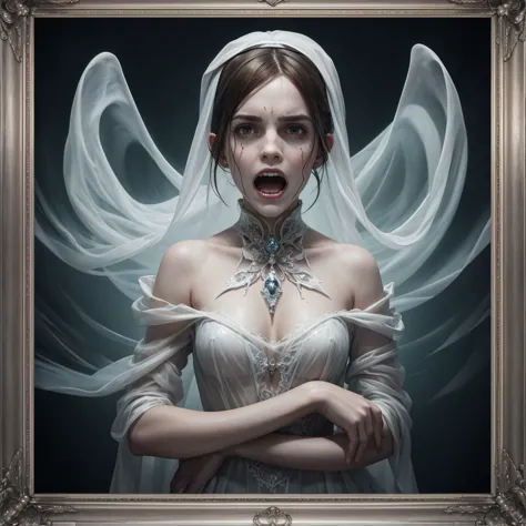 ghostlystyle, tranzp, Emma Watson, ghostly mist, wooden frame, oil painting, (transparent, screaming, floating), gothic horror, ...