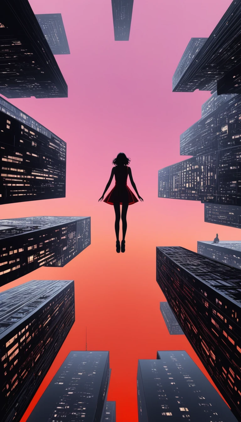 in style of Nick Veasey,(in style of Takeshi Obata:1.3),
a concept map of the scene,black urban silhouette on the ground,(red symmetrical urban silhouette upside down in the sky:1.2),fantasy surreal scenes,(1 girl solo:1.1),(symmetrical picture up and down:1.2),pale violet sky color,