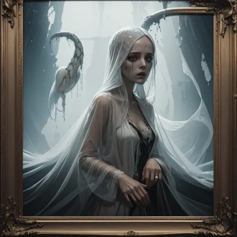 ghostlystyle, tranzp, young woman, ghostly mist, wooden frame, oil painting, (transparent, screaming, floating), gothic horror, ...