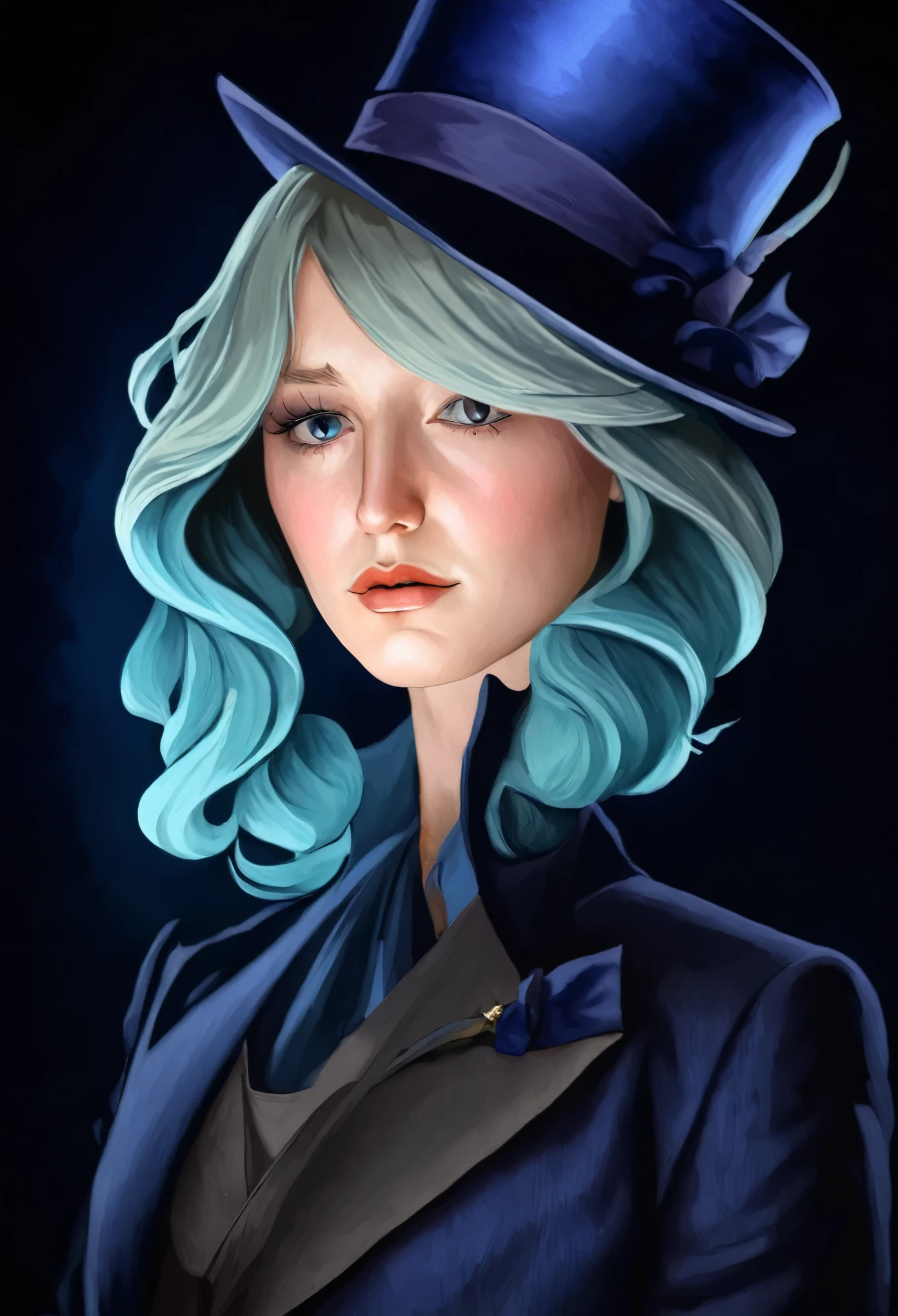 (In the dark:1.6), Surrealistic Female Portraits by David Hockney and Alphonse Mucha,Fantasy art, photograph realistic, Dynamic lighting, art stations, poster for, voluminetric lighting, Very detailed faces, 4 k'', Award-Awarded,, 1girll, In the dark, deepshadow, low tune,Cowboy shot,(official outfit:1.4) ,Long hair,White hair, Upper body