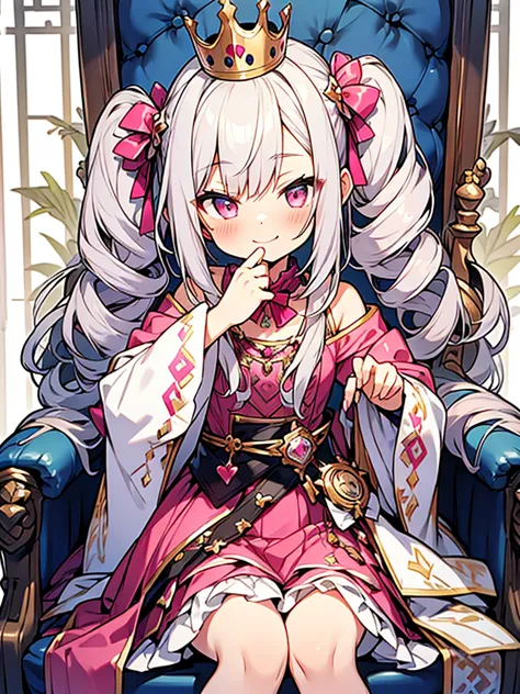 hyper cute shota,sit on throne,skirt,silver-drill-hair with pink-metal-crown,mischievous,gyaru style clothes,