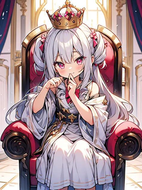 hyper cute shota,sit on throne,skirt,silver-drill-hair with pink-metal-crown,mischievous,gyaru style clothes,