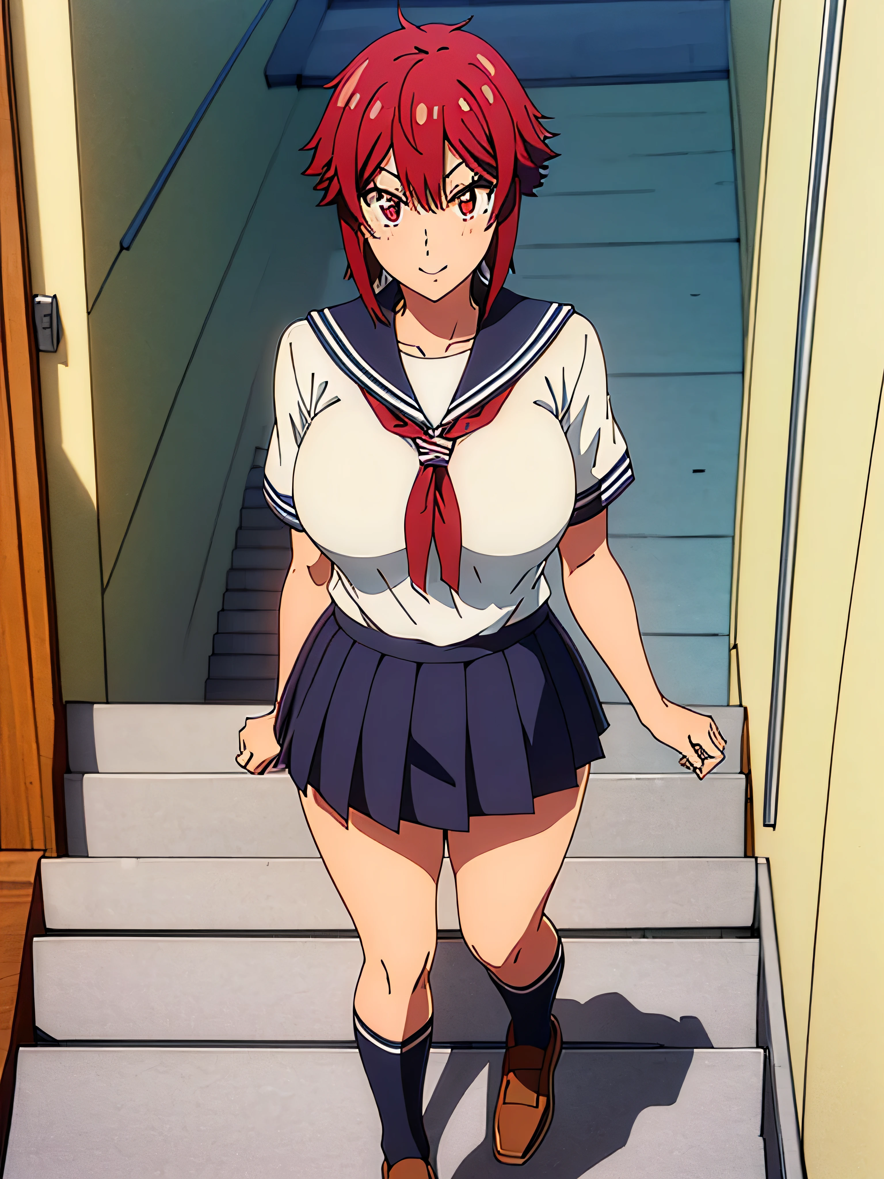 (masterpiece, best quality, ultra HD anime, super high resolution, 1980s /(style/), retro art style, clean brush strokes, very detailed, perfect anatomy, NSFW-14, uncensored), ((Aizawa Tomo)), 1 girl, solo, (red hair, short hair, short hair with flipped out hair, thick bangs parted in the middle, long thick sideburns, hair blowing in the wind), beautifully cut eyebrows, (beautiful eyes drawn in detail), red eyes, mouth wide open, smiling, cowboy shot, (big breasts: 1.3, (sailor suit, short sleeves)), thin waist: 0.4, wide hips 0.5, (medium skirt: 1.0, in school uniform), (sitting on stairs), looking at viewer, (school background, hallway, schoolyard view from hallway window), full body shot, shot from above,