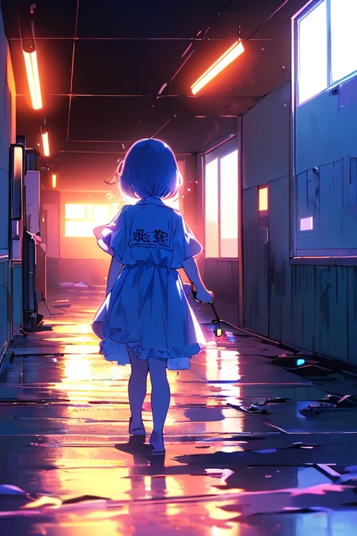 masterpiece best quality anime style 4k cry tearful face((((5years old 2girls walk with hand on flashlight))))(midnight with night Sky)(((5years old 2girls in Abandoned school building test of courage)))(midnight with night Sky