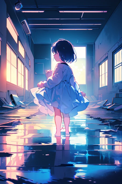 masterpiece best quality anime style 4k cry tearful face((((5years old 2girls walk with hand on flashlight))))(midnight with night Sky)(((5years old 2girls in Abandoned school building test of courage)))(midnight with night Sky