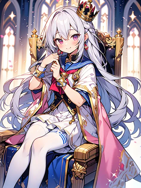 hyper cute shota,Prince of empire,Sailor uniform with lots of jewels,sit on throne,skirt,white pantyhose,smile,
silver-hair with...