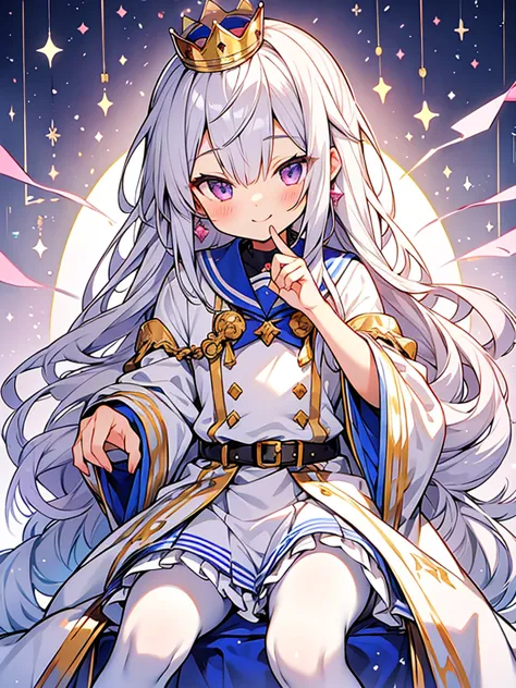 hyper cute shota,Prince of empire,Sailor uniform with lots of jewels,sit on throne,skirt,white pantyhose,smile,
silver-hair with...