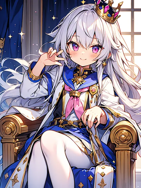 hyper cute shota,Prince of empire,Sailor uniform with lots of jewels,sit on throne,skirt,white pantyhose,smile,
silver-hair with...