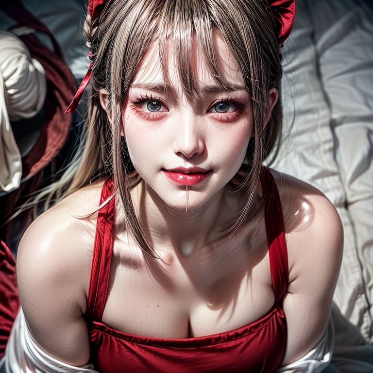 (Acutance:0.85),(Extremely Detailed:1.35, RAW photo-realistic:1.37), (closeup portrait), (1girl wearing Red tube-top), ((From above)), (presenting panties), Holding White panties with hands, Studio gray background, Red ribbon, white sheets . (((NOGIZAKA face)))  Extremely Detailed KAWAII face variations, perfect anatomy, captivating gaze, elaborate detailed Eyes with (sparkling highlights:1.2), long eyelashes、Glossy RED Lips with beautiful details, Coquettish tongue, Rosy cheeks . { (Dynamic joyful expressions) | :d) } . Glistening ivory skin with clear transparency, { (smelling) | (mouth_hold) }