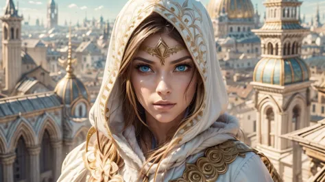 a full-body shot of princess zelda, brown hair, blue eyes, dressed as an assassin from assassins creed, in white+gold witha whit...