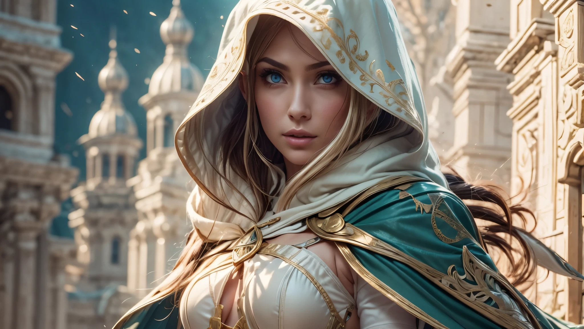 A full-body shot of Princess Zelda, brown hair, blue eyes, dressed as an Assassin from Assassins Creed, in white+gold witha white mask and hood with gold details, XL bust, using a wrist blade. Background: A city during the renaissance period. Unreal Engine 5, Anime, Anime style, Masterpiece, Well drawn eyes, well drawn face, well detailed eyes, well detailed face, 8k, light and shadow effect.  