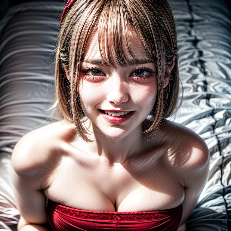 (Acutance:0.85),(Extremely Detailed:1.35, RAW photo-realistic:1.37), (closeup portrait), (1girl wearing Red tube-top), ((From above)), (presenting panties), Holding White panties with hands and mouth, Studio gray background, Red ribbon, white sheets . (((NOGIZAKA face)))  Extremely Detailed KAWAII face variations, perfect anatomy, captivating gaze, elaborate detailed Eyes with (sparkling highlights:1.2), long eyelashes、Glossy RED Lips with beautiful details, Coquettish tongue, Rosy cheeks . { (Dynamic joyful expressions) | :d) } . Glistening ivory skin with clear transparency, { (smelling) | (cleave_gag) }