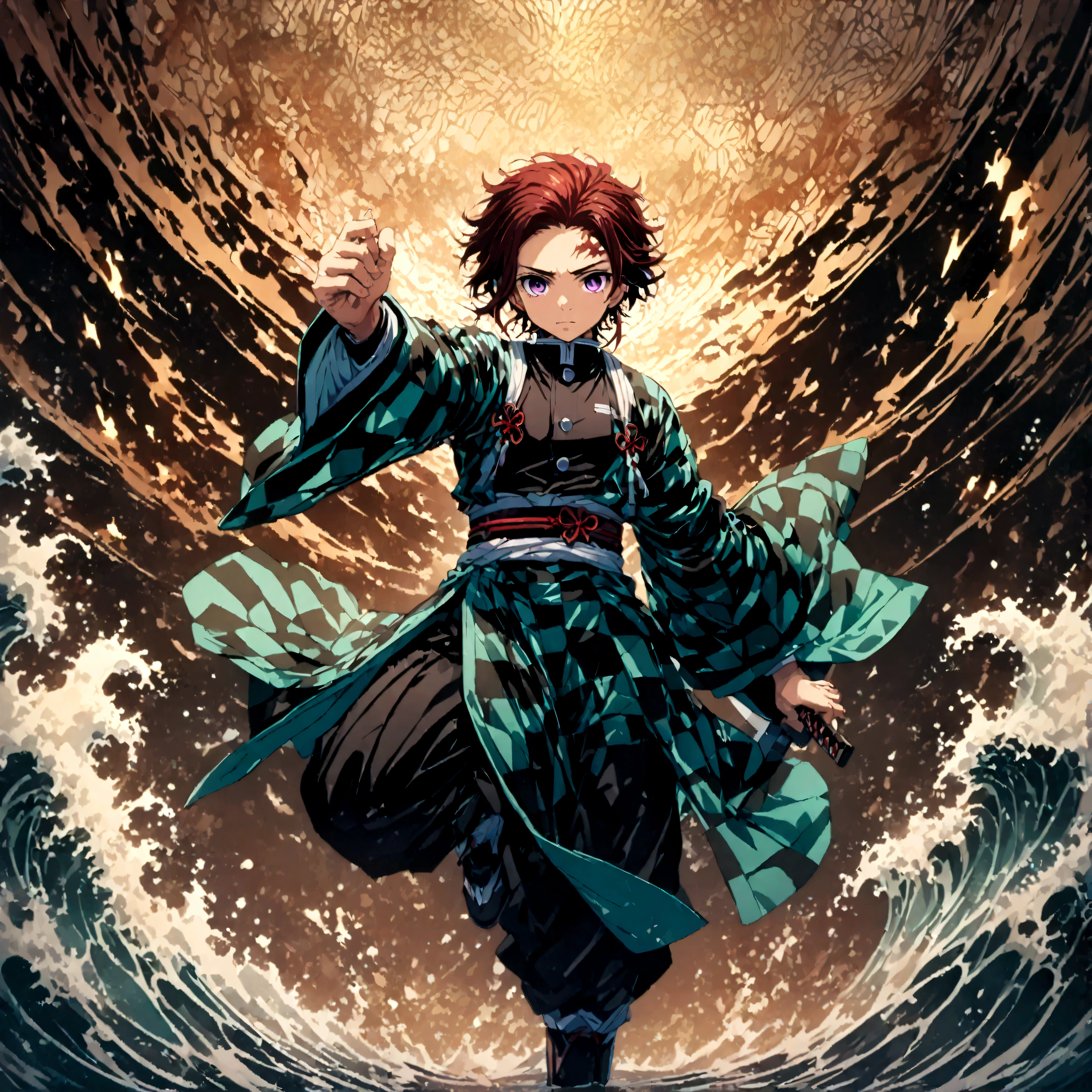 (1 male,tanjiro kamado),Demon slayer,Tanjiro&#39;Costume,Holding a Japan sword in both hands,Water flow effect,Fire effect,Intricate details,,Decadent,artwork,rendering,Dynamic pose,(masterpiece:1.3),(highest quality:1.4),(Very detailed:1.5),High resolution,Very detailed,unity 8k wallpaper,Dark fantasy,,Glare,Fighting Style,Draw artistic background,(Engraving Japanese-style patterns:water:Wave:流water),Use gold leaf as a background,Glare,Hopeless shape,Looking into the camera,BREAK,Japanese swords are straight and have a metallic luster.,Please hold the Japanese sword by the handle