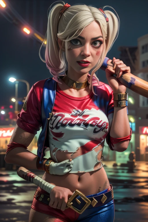 GTA-Stil, GTA-Ladebildschirm, Arte GTA, Porträt von Harley Quinn in dynamischer Pose, in Der Stil von The Walking Dead , (((Baseballschläger in der Hand))), ((verrückter Gesichtsausdruck)), verrücktes Mädchen, Lachen, Nacht, sehr detailliert, Detailliertes Gesicht, Epos, High-Definition-Aufnahmen, digitales Porträt, Schön, Art Station, Comic-Stil, ((heißer Körper, heißes Mädchen, Sinnlich, Sinnlich)), Comic, Der Stil von The Walking Dead. ((ein zerstörter Stadthintergrund, Feuer, Rauch, Explosion)). , Ganzkörper , muskulöse und definierte Beine