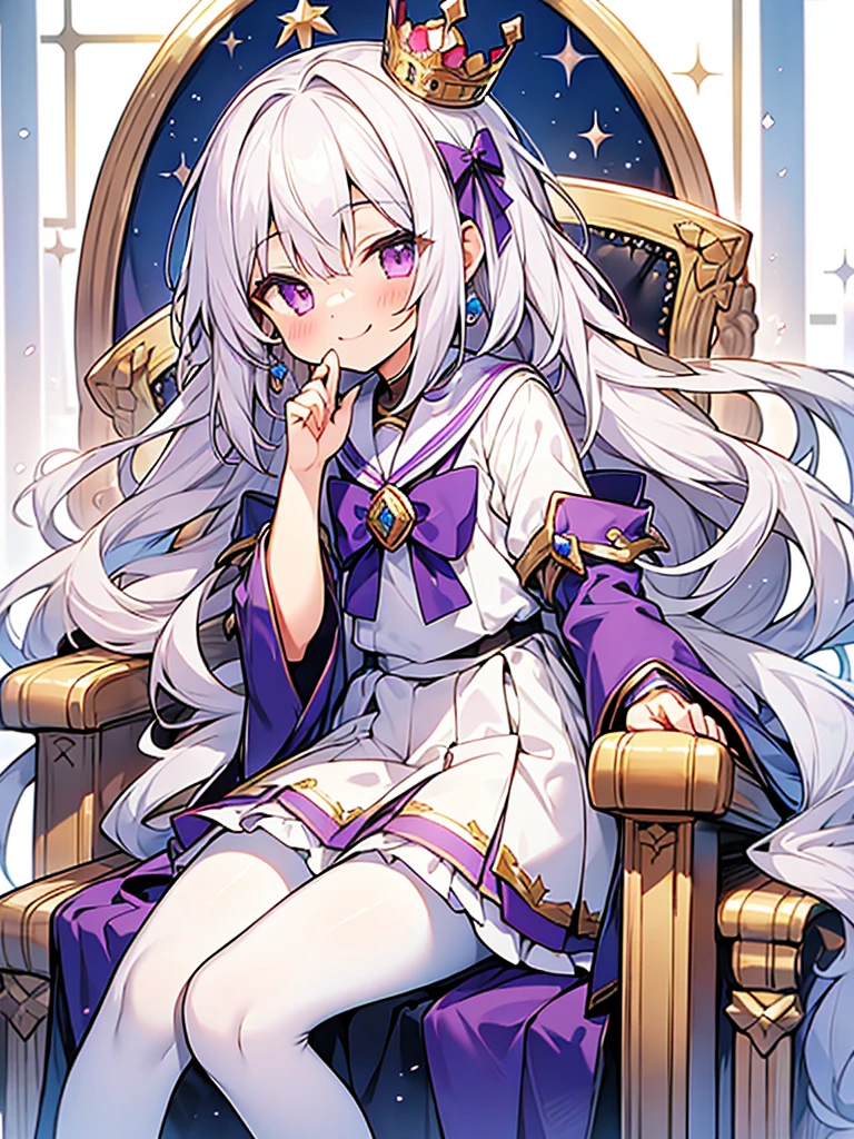 hyper cute shota,Prince of empire,Sailor uniform with lots of jewels,sit on throne,skirt,white pantyhose,smile,
silver-hair with pink-metal-crown,