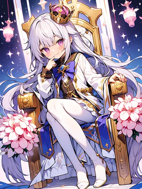 hyper cute shota,Prince of empire,Sailor uniform with lots of jewels,sit on throne,skirt,white pantyhose,smile,
silver-hair with...