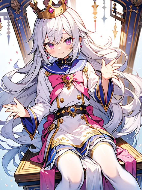 hyper cute shota,Prince of empire,Sailor uniform with lots of jewels,sit on throne,skirt,white pantyhose,smile,
silver-hair with...