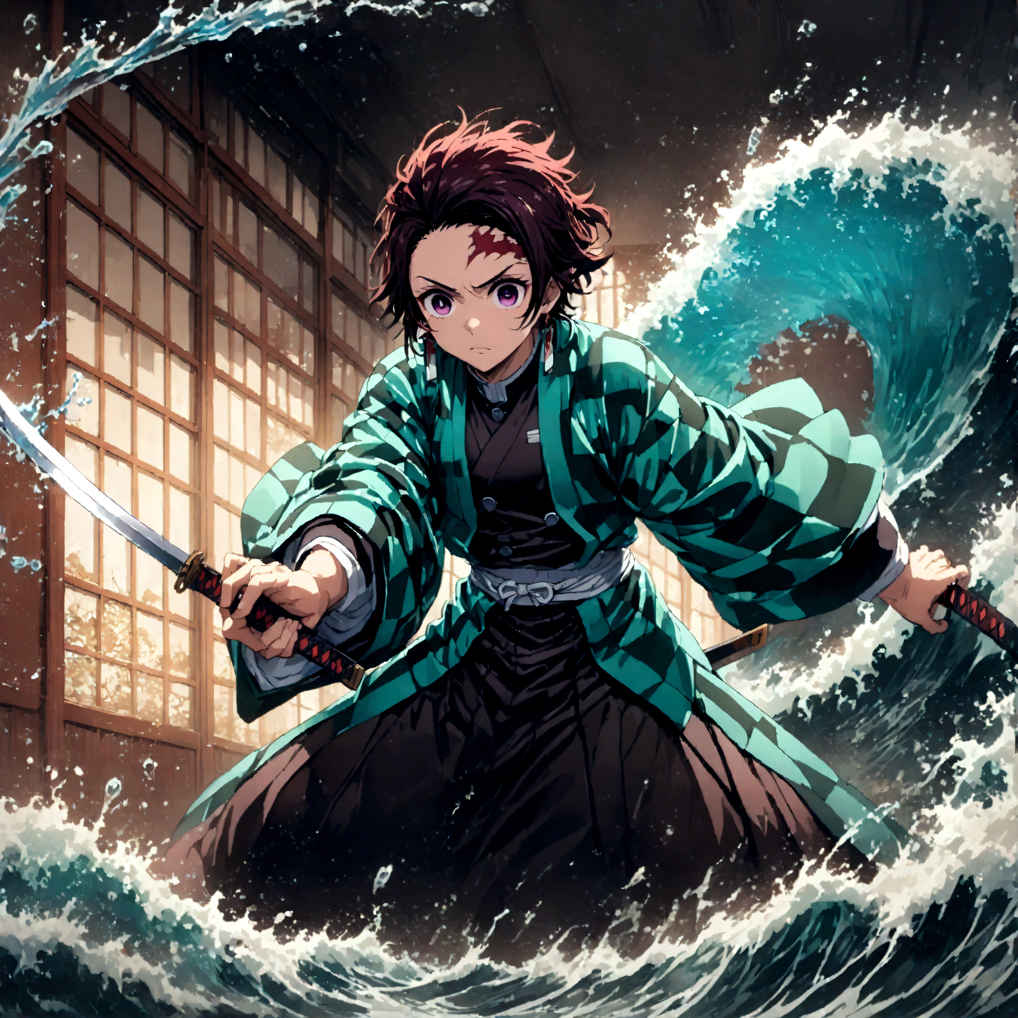 (1 male,tanjiro kamado),Demon slayer,Tanjiro&#39;Costume,Holding a Japanese sword,Water flow effect,Fire effect,Intricate details,spirit,Decadent,artwork,rendering,Dynamic pose,(masterpiece:1.3),(highest quality:1.4),(Very detailed:1.5),High resolution,Very detailed,unity 8k wallpaper,Dark fantasy,,Glare,Fighting Style,Sense of presence,Draw artistic background,(Engraving Japanese-style patterns:water:Wave:流water),Gold Leaf,Glare,Absurd,Zentangle,rendering,Hopeless shape,Looking into the camera,BREAK,Japanese swords are straight, slender, and have a metallic luster.,Please hold the Japanese sword by the handle