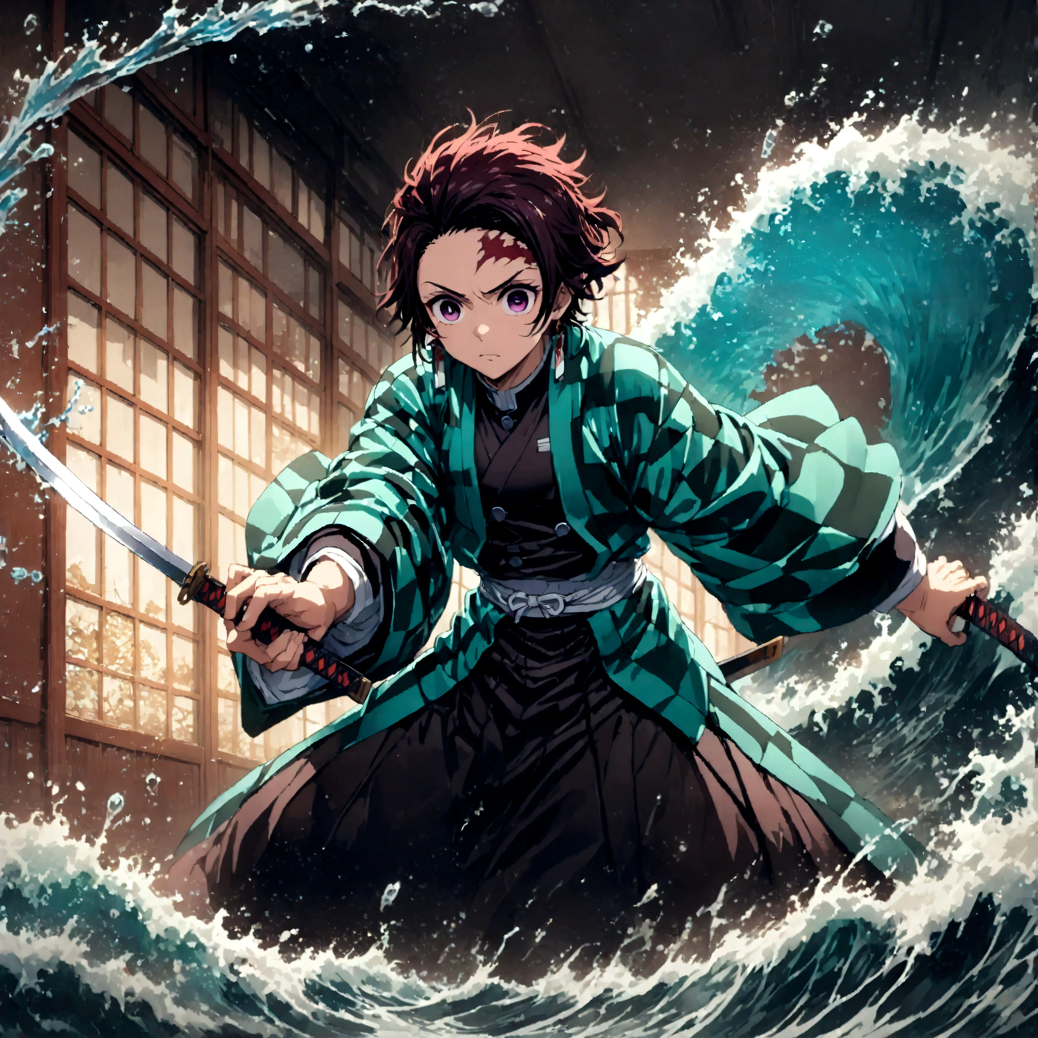 (1 male,tanjiro kamado),Demon slayer,Tanjiro&#39;Costume,Holding a Japanese sword,Water flow effect,Fire effect,Intricate detail...