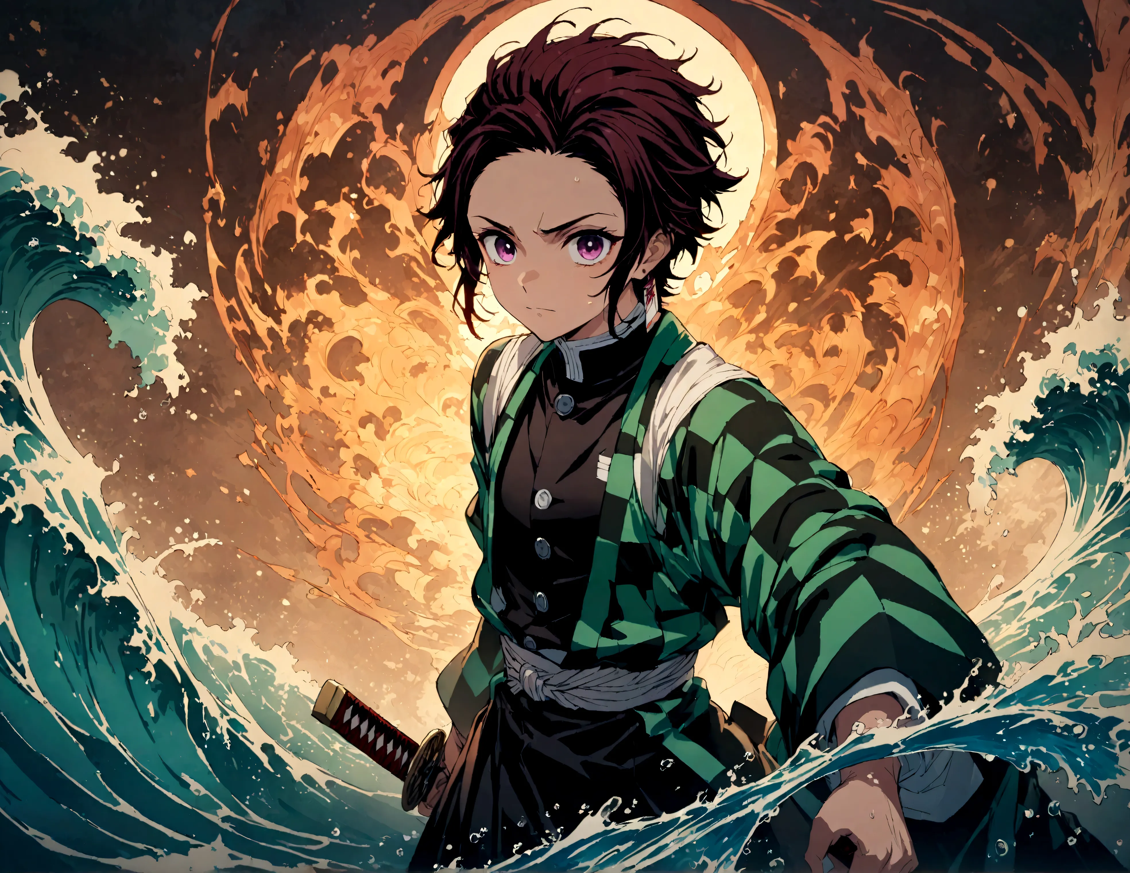 (1 male,tanjiro kamado),Demon slayer,Tanjiro&#39;Costume,Lifting a Japanese sword,Water flow effect,Fire effect,Intricate detail...