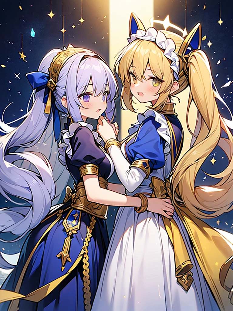 2 pessoas,mistress e squire girl,Casal Yuri,
1/2 pessoas : (deusa amante) Vestindo ((Gold e lapis lazuli dress)) halo de ouro com ((cabelo twintail prateado)),
 // e // 
2/2 pessoas : servant Ninshubur Vestindo maid uniform frilly headbe with light purple long hair,