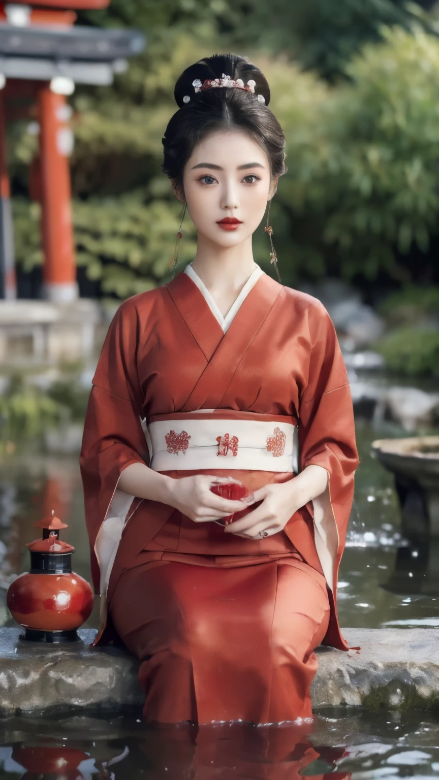 ((Top quality, 8k, Masterpiece: 1.3)), Sharp focus :1.2,   ((Body slim thin captivating. long eyelashes,   highly detailed lips,   detailed eyes,   double eyelid,   Make-up face.  Red lipstick.  hair accessories,  hair Bun,  elegance,    enchanting,

((Beautiful Japanese Geisha)),  ((Red kimomo)),

Cute pose.    stand.     heavy rain.    water fountain in the garden