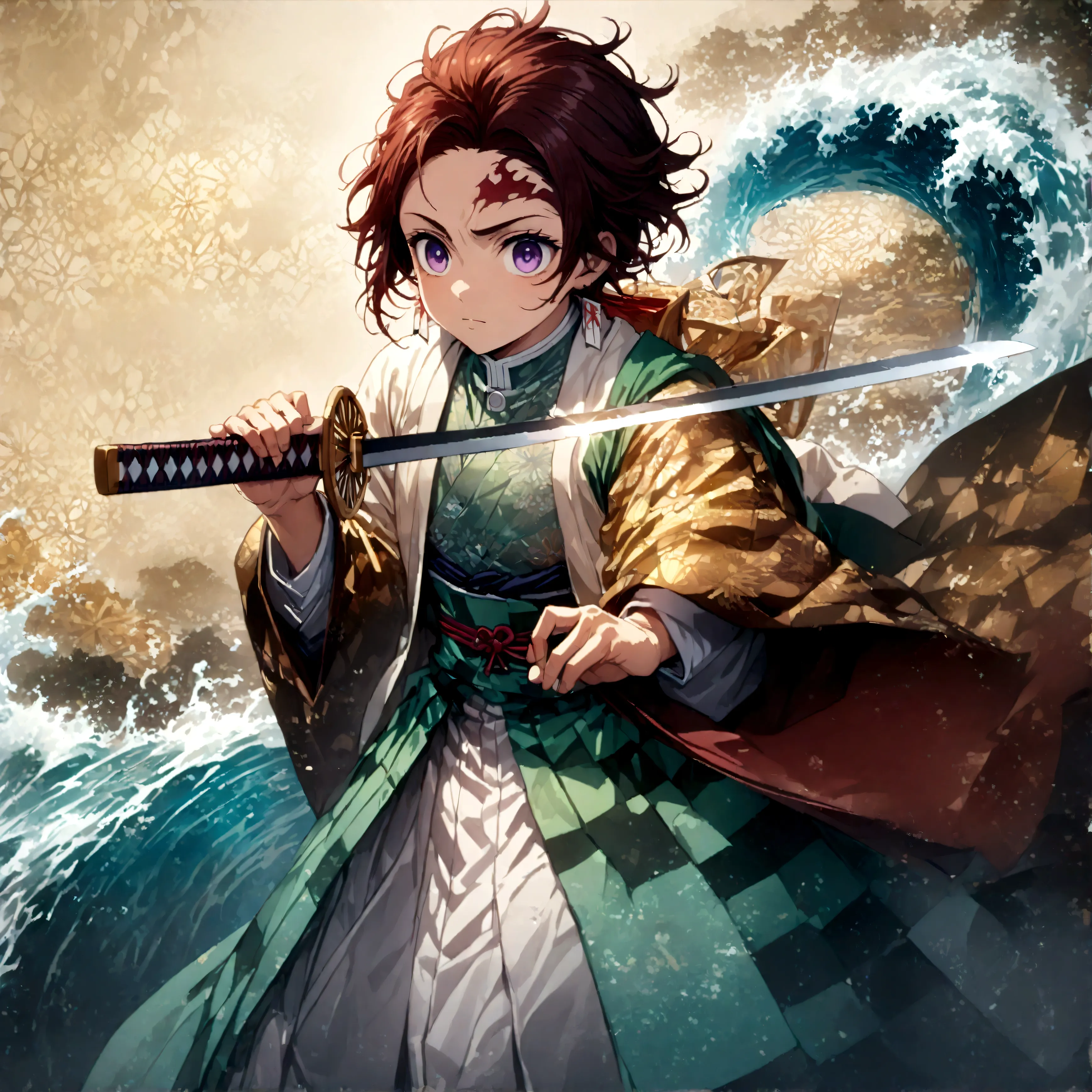 (1 male,tanjiro kamado),Demon slayer,Tanjiro&#39;Costume,Holding a Japanese sword,Water flow effect,Fire effect,Intricate detail...