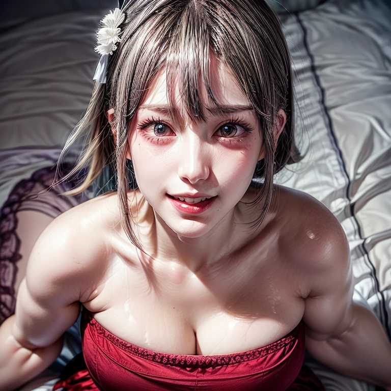 (Acutance:0.85),(Extremely Detailed:1.35, RAW photo-realistic:1.37), (closeup portrait), (1girl wearing Red tube-top), ((From above)), (presenting panties), Holding White panties with hands and mouth, Studio gray background, Red ribbon, white sheets . (((NOGIZAKA face)))  Extremely Detailed KAWAII face variations, perfect anatomy, captivating gaze, elaborate detailed Eyes with (sparkling highlights:1.2), long eyelashes、Glossy RED Lips with beautiful details, Coquettish tongue, Rosy cheeks . { (Dynamic joyful expressions) | :d) } . Glistening ivory skin with clear transparency, { (smelling panties) | (Overflowing Gigantic Cleavage) }