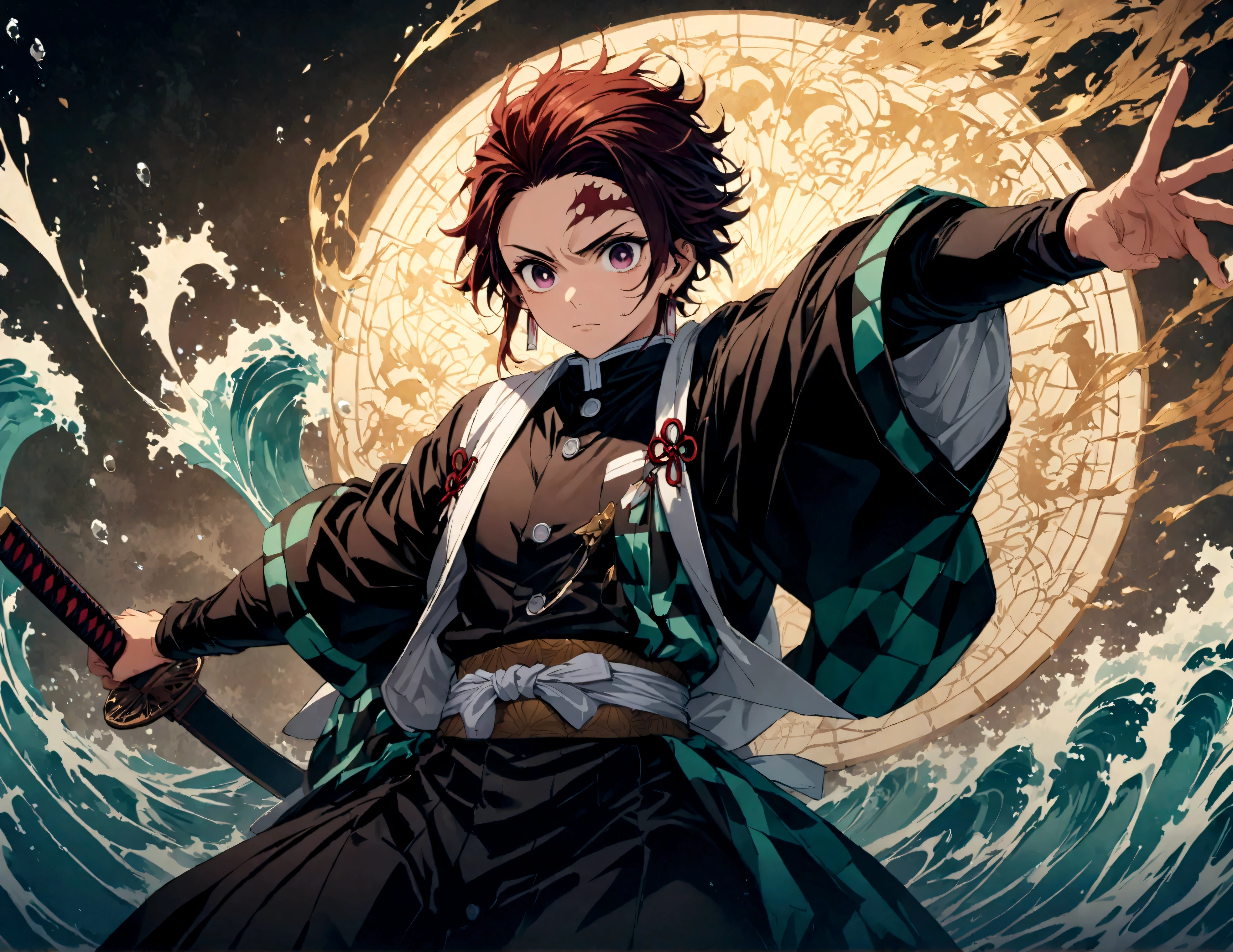 (1 male,tanjiro kamado),Demon slayer,Tanjiro&#39;Costume,Lifting a Japanese sword,Water flow effect,Fire effect,Intricate details,,Decadent,artwork,rendering,Dynamic pose,(masterpiece:1.3),(highest quality:1.4),(Very detailed:1.5),High resolution,Very detailed,unity 8k wallpaper,Dark fantasy,,Glare,Fighting Style,Sense of presence,Draw artistic background,(Engraving Japanese-style patterns:water:Wave:流water),Gold Leaf,Glare,Absurd,Zentangle,rendering,Hopeless shape,Looking into the camera,BREAK,Japanese swords are straight, slender, and have a metallic luster.,Please hold the Japanese sword by the handle
