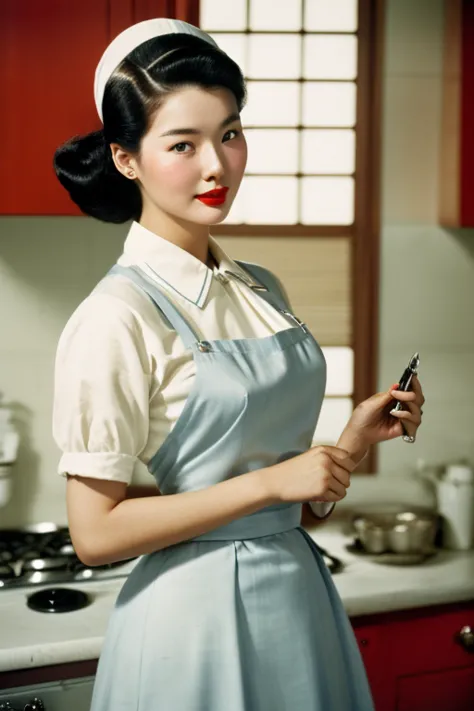 Seoul, 1952, cinematic photo ((1 korean woman)),RAW photo,candid,medium-wide shot,big breasts, strikingly beautiful, delicate fa...