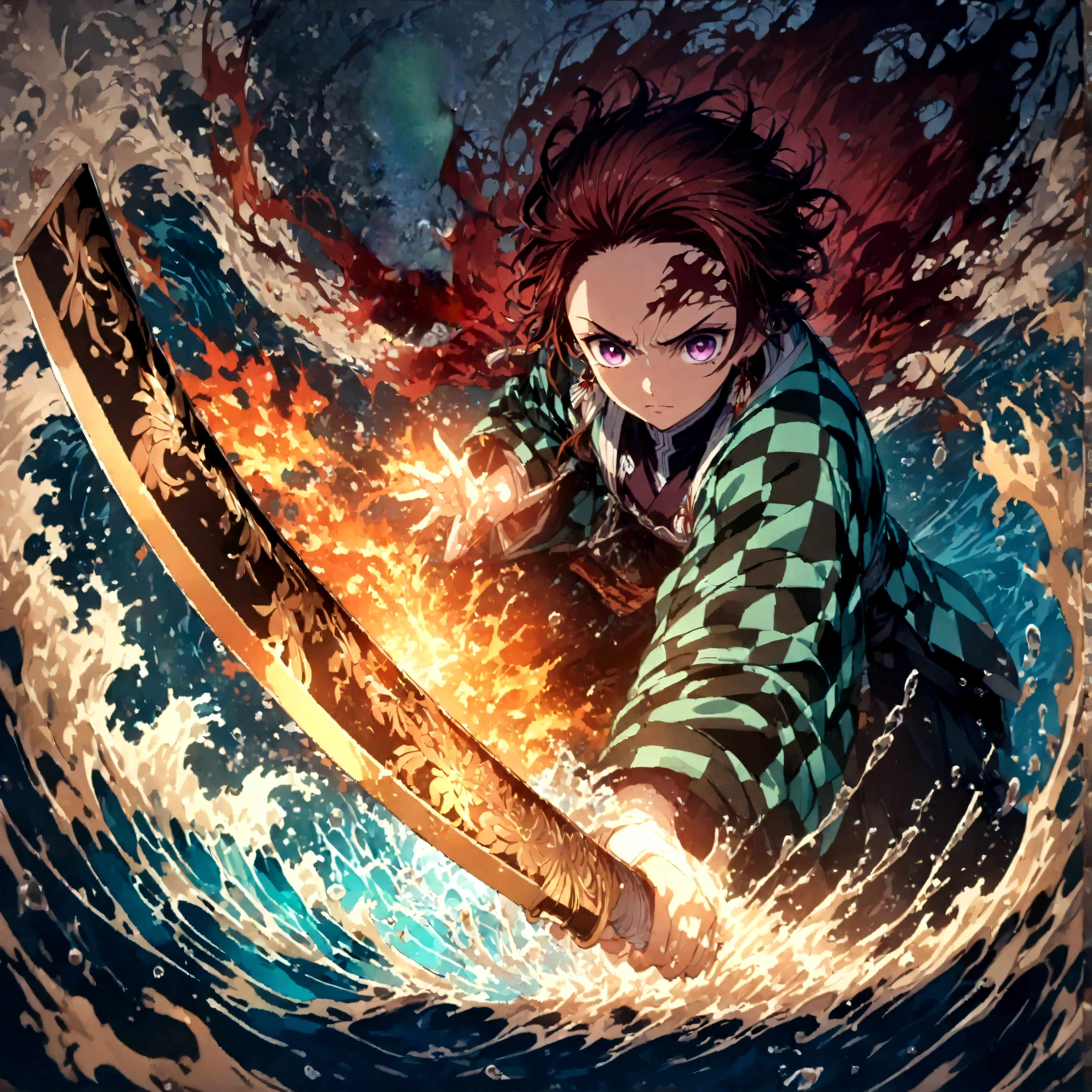 (1 male,tanjiro kamado),Demon slayer,Tanjiro&#39;Costume,Holding a Japan sword in both hands,Water flow effect,Fire effect,Intricate details,,Decadent,artwork,rendering,Dynamic pose,(masterpiece:1.3),(highest quality:1.4),(Very detailed:1.5),High resolution,Very detailed,unity 8k wallpaper,Dark fantasy,,Glare,Fighting Style,Draw artistic background,(Engraving Japanese-style patterns:water:Wave:流water),Use gold leaf as a background,Glare,Hopeless shape,Looking into the camera,BREAK,Japanese swords are straight and have a metallic luster.,Please hold the Japanese sword by the handle