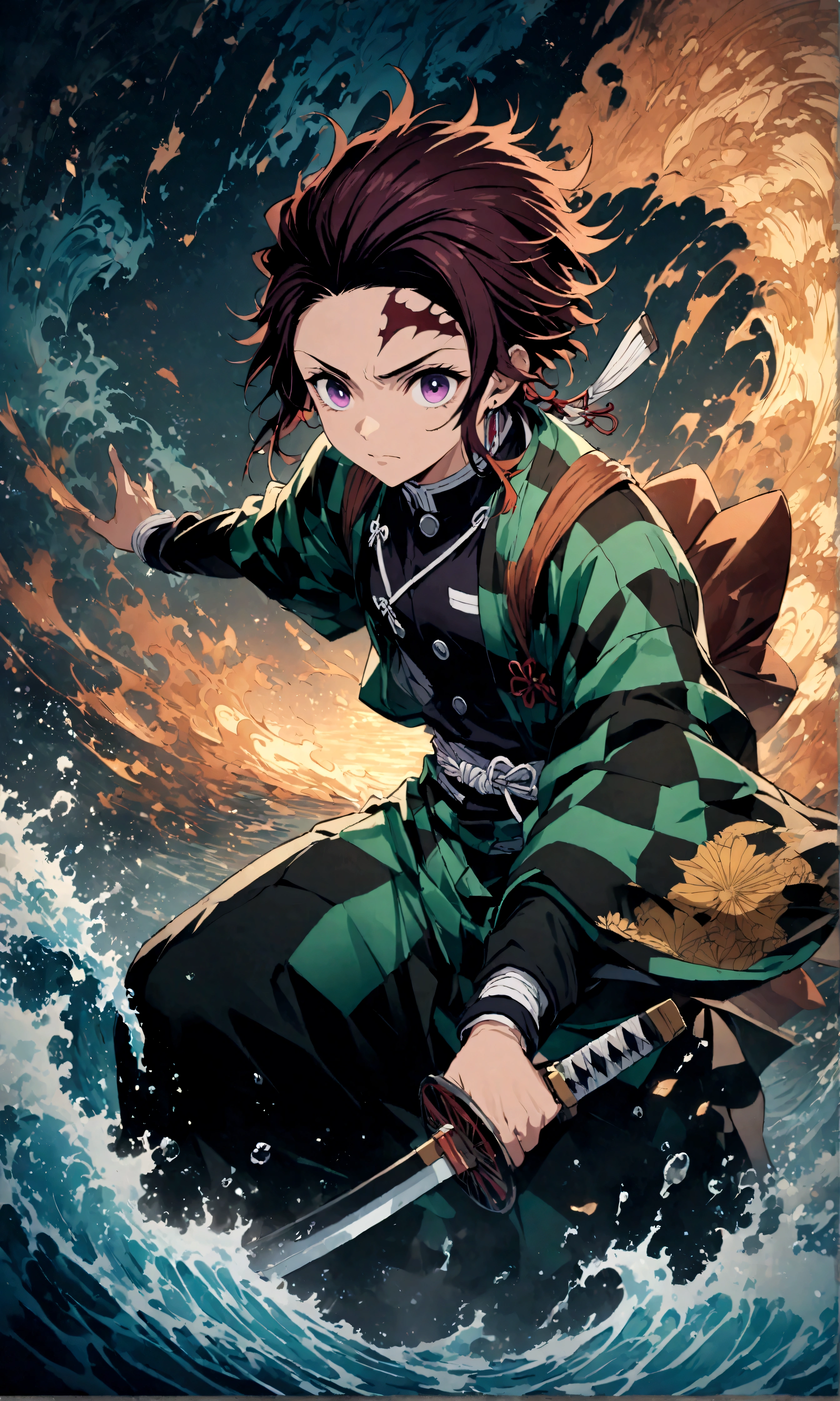 (1 male,tanjiro kamado),Demon slayer,Tanjiro&#39;Costume,Holding a Japanese sword,Water flow effect,Fire effect,Intricate details,,Decadent,artwork,rendering,Dynamic pose,(masterpiece:1.3),(highest quality:1.4),(Very detailed:1.5),High resolution,Very detailed,unity 8k wallpaper,Dark fantasy,,Glare,Fighting Style,Sense of presence,Draw artistic background,(Engraving Japanese-style patterns:water:Wave:流water),Gold Leaf,Glare,Absurd,Zentangle,rendering,Hopeless shape,Looking into the camera,BREAK,Japanese swords are straight, slender, and have a metallic luster.,Please hold the Japanese sword by the handle