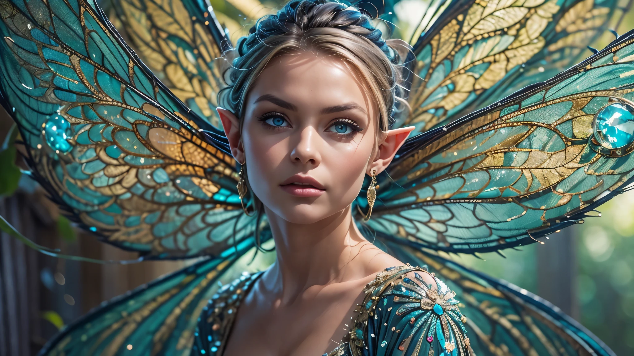 Beautiful faerie woman, elf ear, flying, holographic dragonfly wings, glowing blue eyes, detailed proportional hands, detailed fingers, proportional body, firm breast, frank Frazzetta painting style, (Best Quality:1.4), (Ultra-detailed), (extremely detailed CG unified 8k wallpaper), Highly detailed, RAW Photos, Professional Photography, plein air, Illumination, (Super fancy photos:1.4), (Dazzling light), Radiant Photography, depth of fields