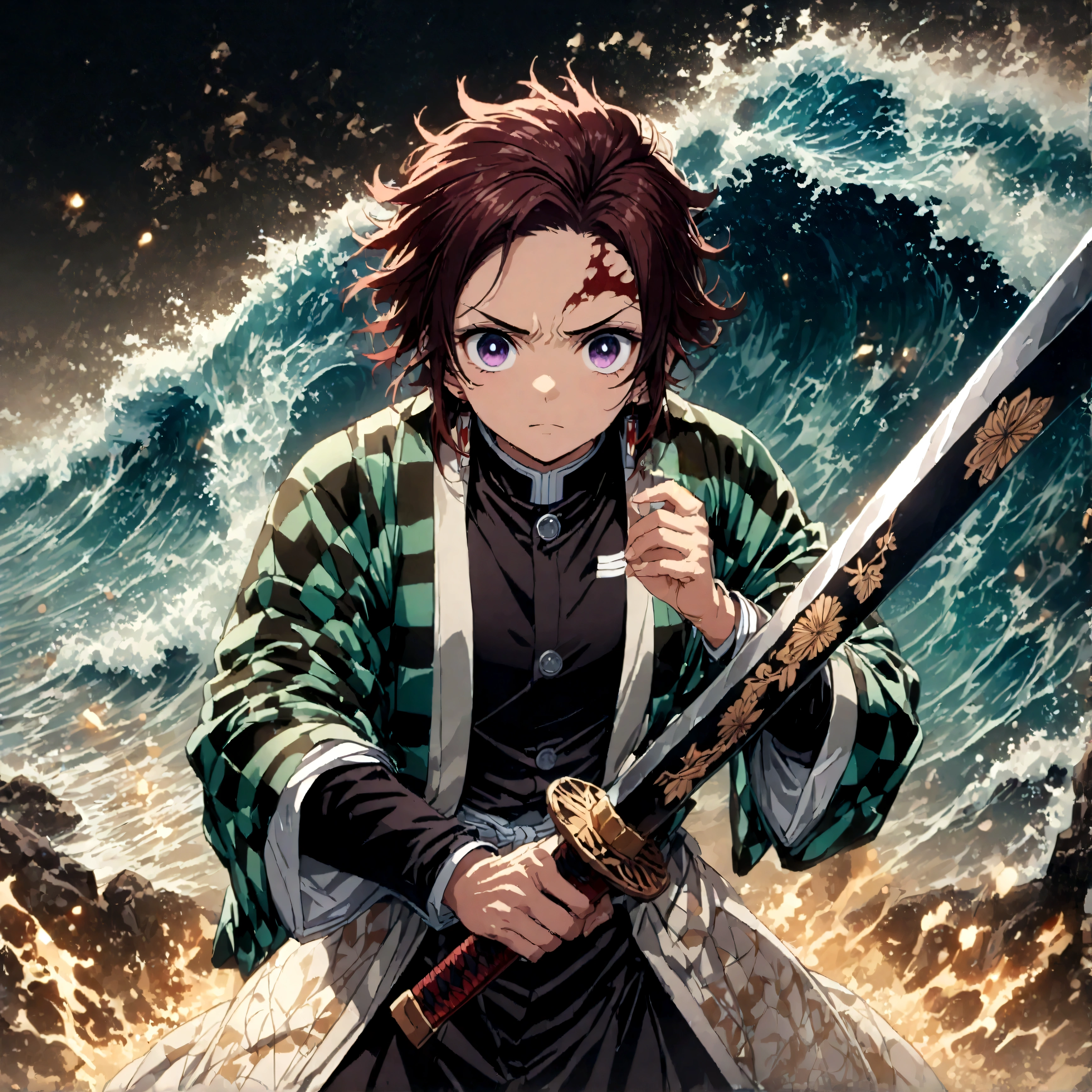 Fixes,(1 male,tanjiro kamado),Demon slayer,Tanjiro&#39;Costumes,Holding a Japanese sword,Water flow effect,Fire effect,Intricate details,Spirit,Decadent,artwork,rendering,Dynamic pose,(masterpiece:1.3),(highest quality:1.4),(Very detailed:1.5),High resolution,Very detailed,unity 8k wallpaper,Dark fantasy,,Glare,Fighting Style,Presence,Draw artistic background,(Japanese style sculpture:water:Wave:流water),Gold Leaf,Glare,Absurd,Zentangle,rendering,Hopeless shape,Looking into the camera,break,The Japanese sword is straight., thin, Has metallic luster.,Please hold the handle of the Japanese sword