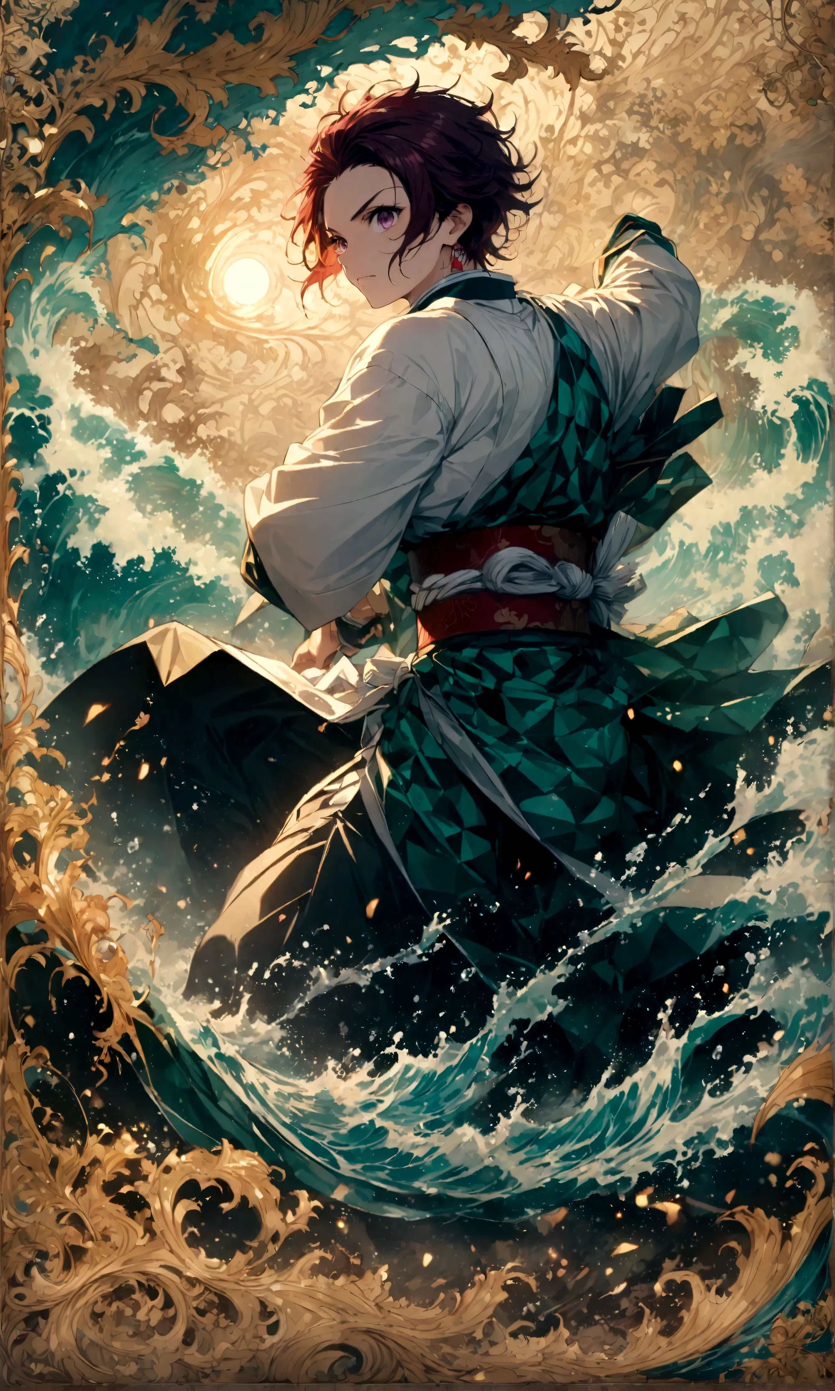 (1 male,tanjiro kamado),Demon slayer,Tanjiro&#39;Costume,Japanese sword,Water flow effect,Fire effect,Intricate details,,Decaden...