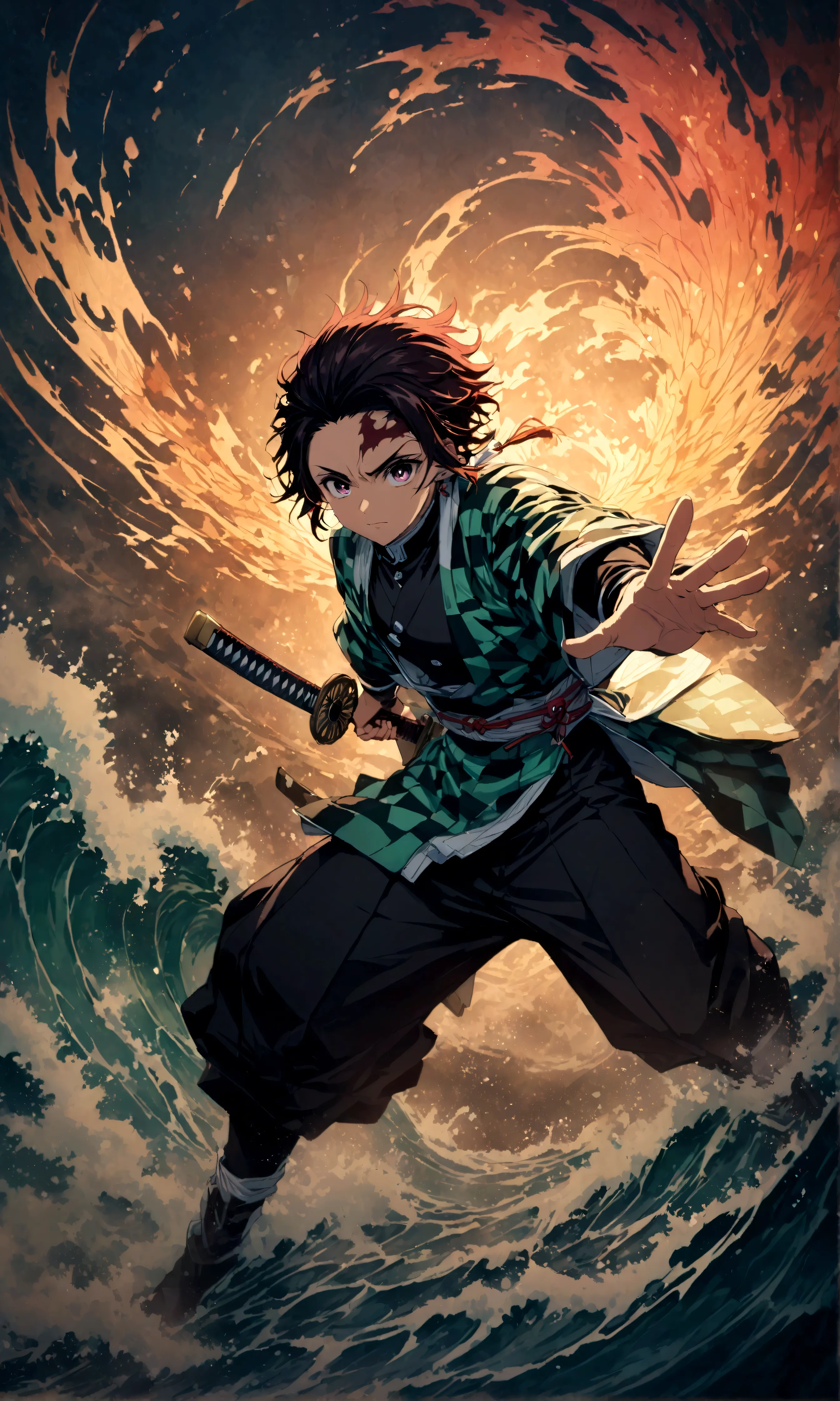 (1 male,tanjiro kamado),Demon slayer,Tanjiro&#39;Costume,Holding a Japanese sword,Water flow effect,Fire effect,Intricate detail...