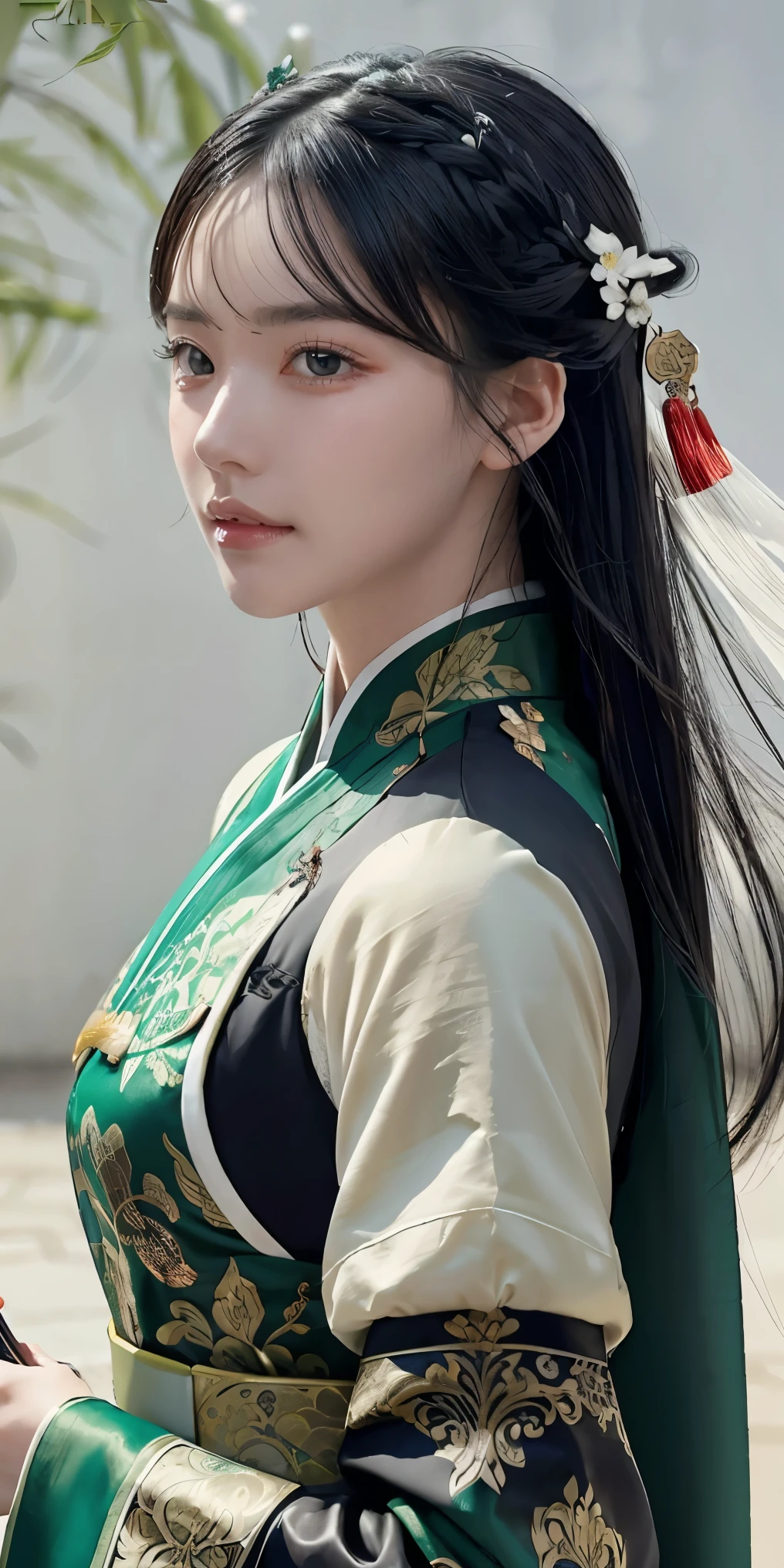 1 girl, heroine, handsome, splashed ink, Chinese armor, (upper body), black hair, floating hair, delicate eyes, black and green antique damask Hanfu, fov, (f1.8), (masterpiece), (portrait shot), front shot, white background, (movie poster), weapon