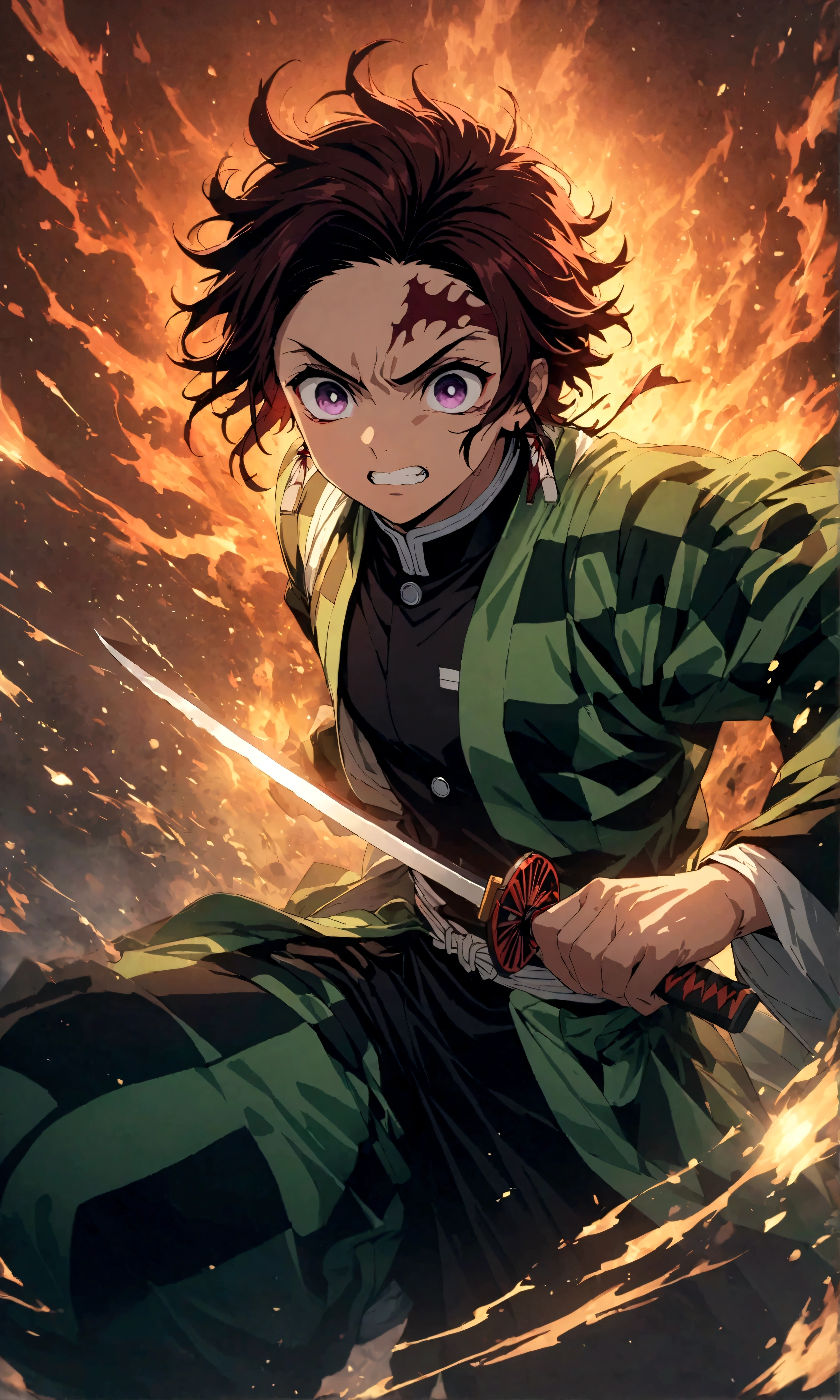 (1 male,tanjiro kamado),Demon slayer,Tanjiro&#39;Costume,Holding a Japan sword in both hands,Water flow effect,Fire effect,Intricate details,,Decadent,artwork,rendering,Dynamic pose,(masterpiece:1.3),(highest quality:1.4),(Very detailed:1.5),High resolution,Very detailed,unity 8k wallpaper,Dark fantasy,,Glare,Fighting Style,Draw artistic background,(Engraving Japanese-style patterns:water:Wave:流water),Use gold leaf as a background,Glare,Hopeless shape,Looking into the camera,BREAK,Japanese swords are straight and have a metallic luster.,Please hold the Japanese sword by the handle